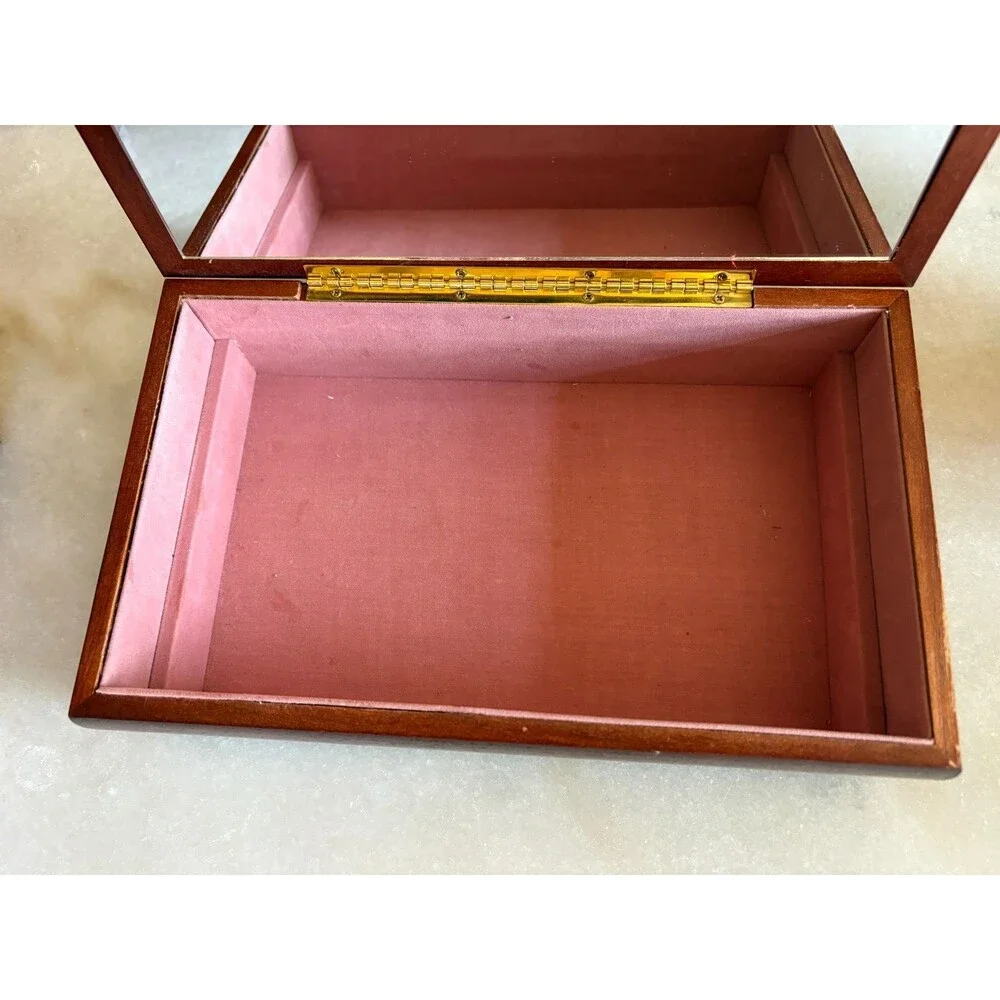 Vintage Wood Jewelry Box Tapestry Top Full Mirror Wooden Box Velvet interior